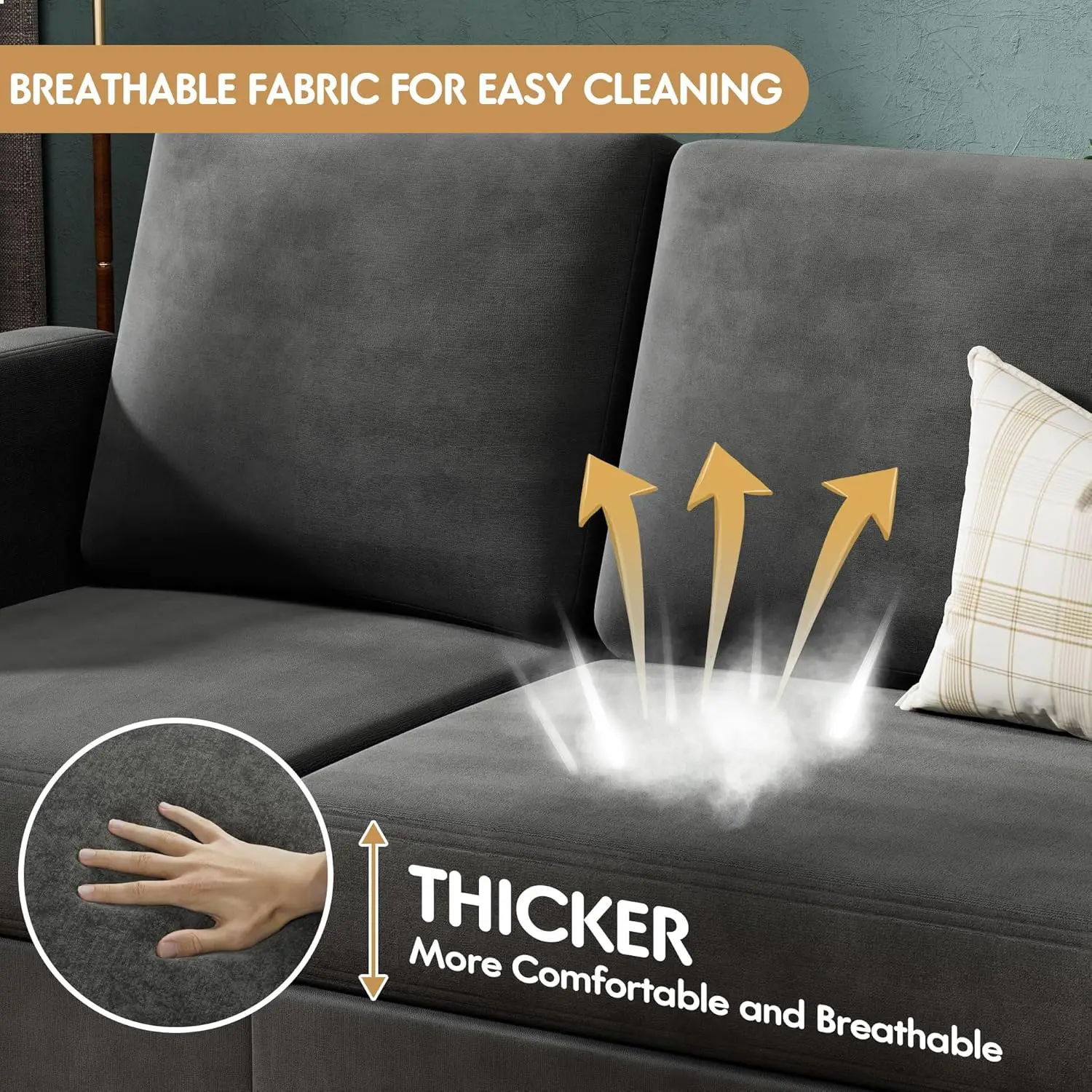 Sofa Couch, 3 Seat L-Shaped Sofa with Linen Fabric Ottoman Small Couch for Small Apartments, Living Room and Office (Dark Gray) - Image 5