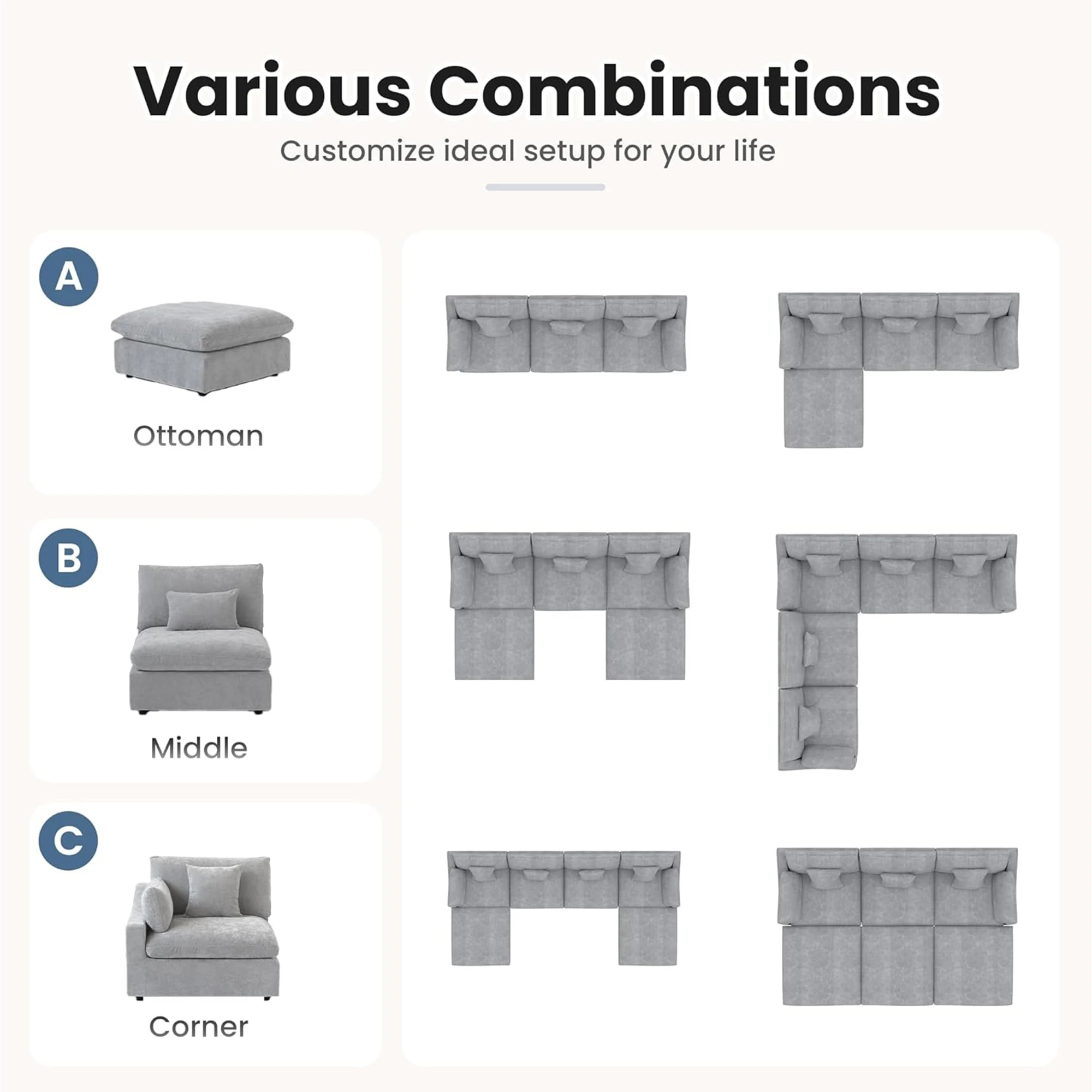 Modular Sectional Sofa for Living Room 160" Cloud Couch Down Filled U Shaped Couch with Ottoman Modern 6 Seater Convertible Sofa - Image 6