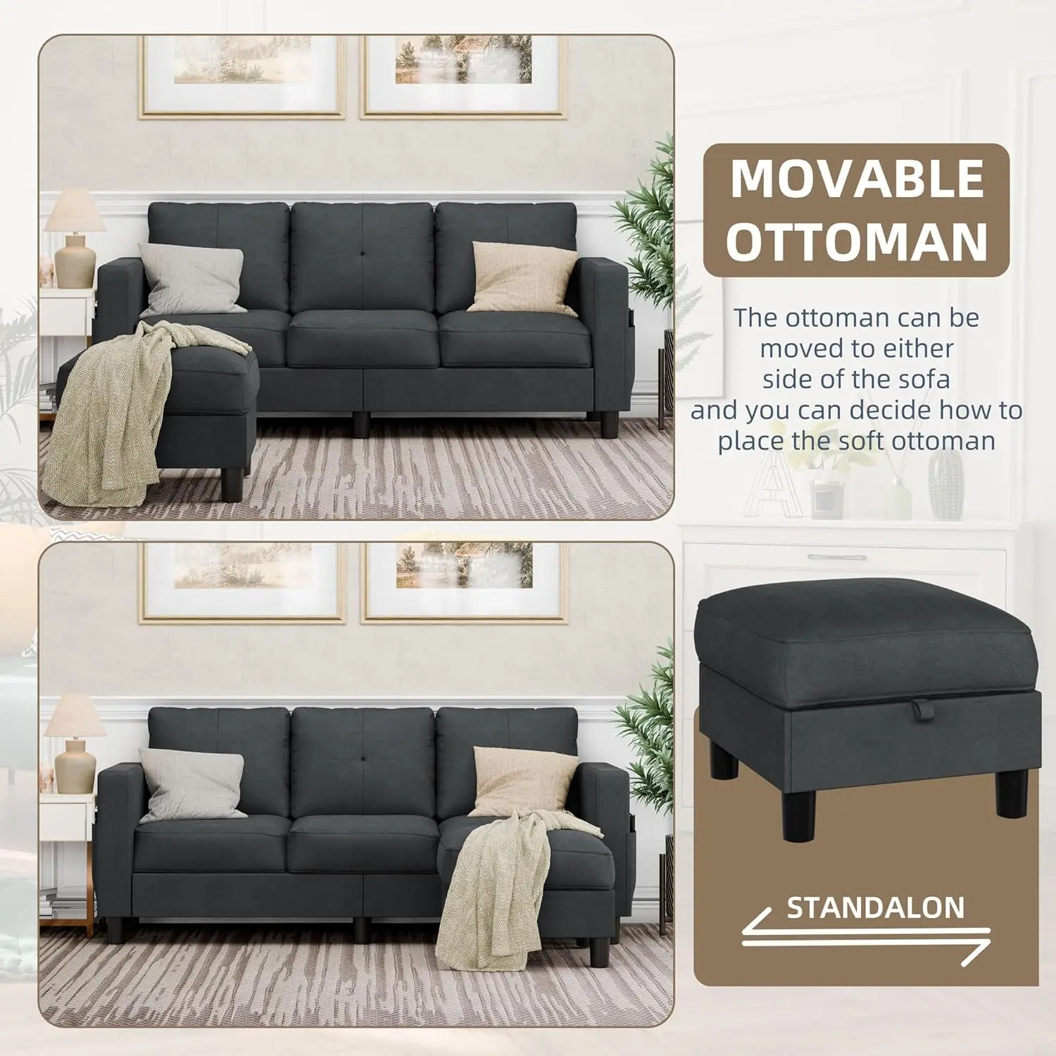 L-Shaped Couch 3 Seat Sofa Set with Linen Fabric and Ottoman Small Couch for Apartments, Black sofa set living room furniture - Image 5