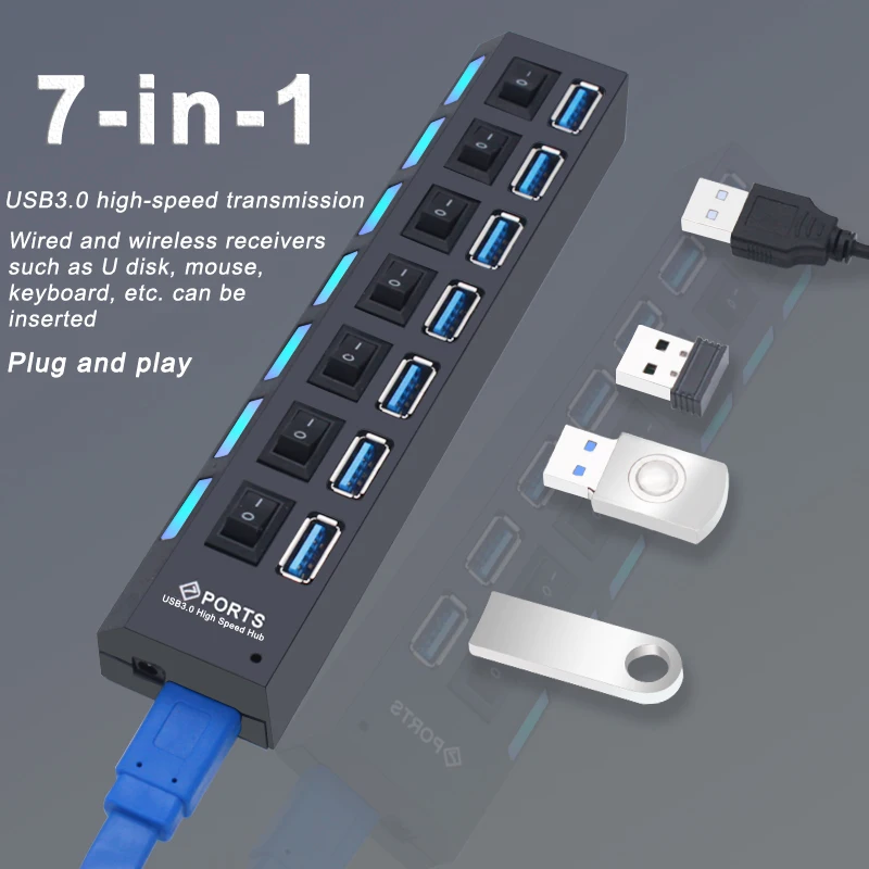USB Hub 3.0 Hub USB 3 USB 2.0 Multi USB Splitter Power Adapter 4/7 Port Multiple Expander 2.0 with Switch for PC Accessories - Image 5