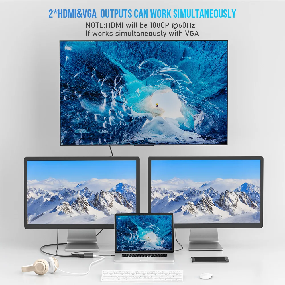 Lemorele 2 Port USB C Hub to Dual HDMI 4K 60HZ Dual Screen Expansion Type C VGA Docking Station For Macbook Laptop Mobile Phone - Image 4