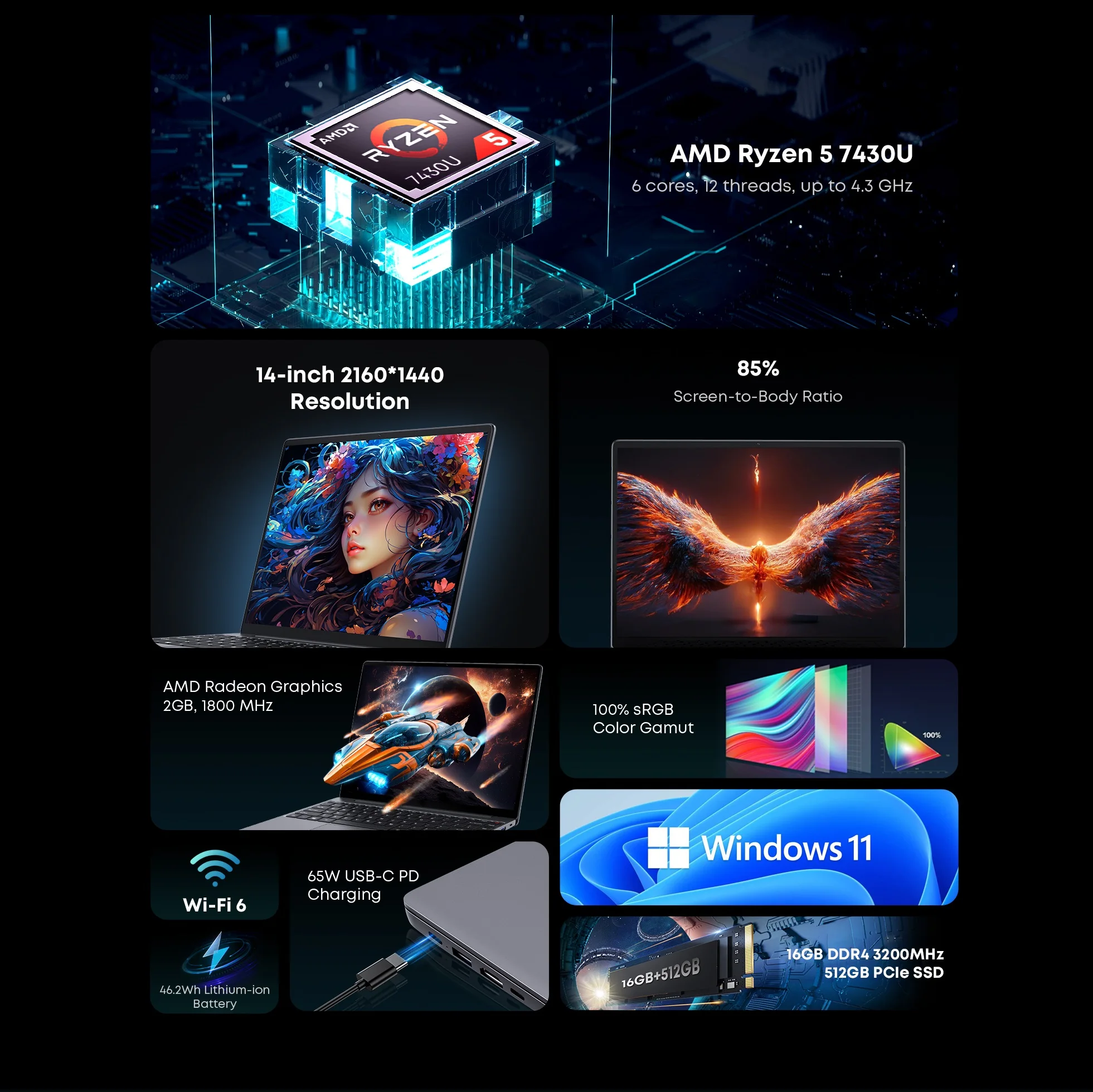 CHUWI Corebook X Laptop R5-7430U 14 inch FHD Screen 16GB RAM 512GB SSD WIFI 6 Windows 11 Gaming NoteBook AMD R5 Computer PC - Image 3