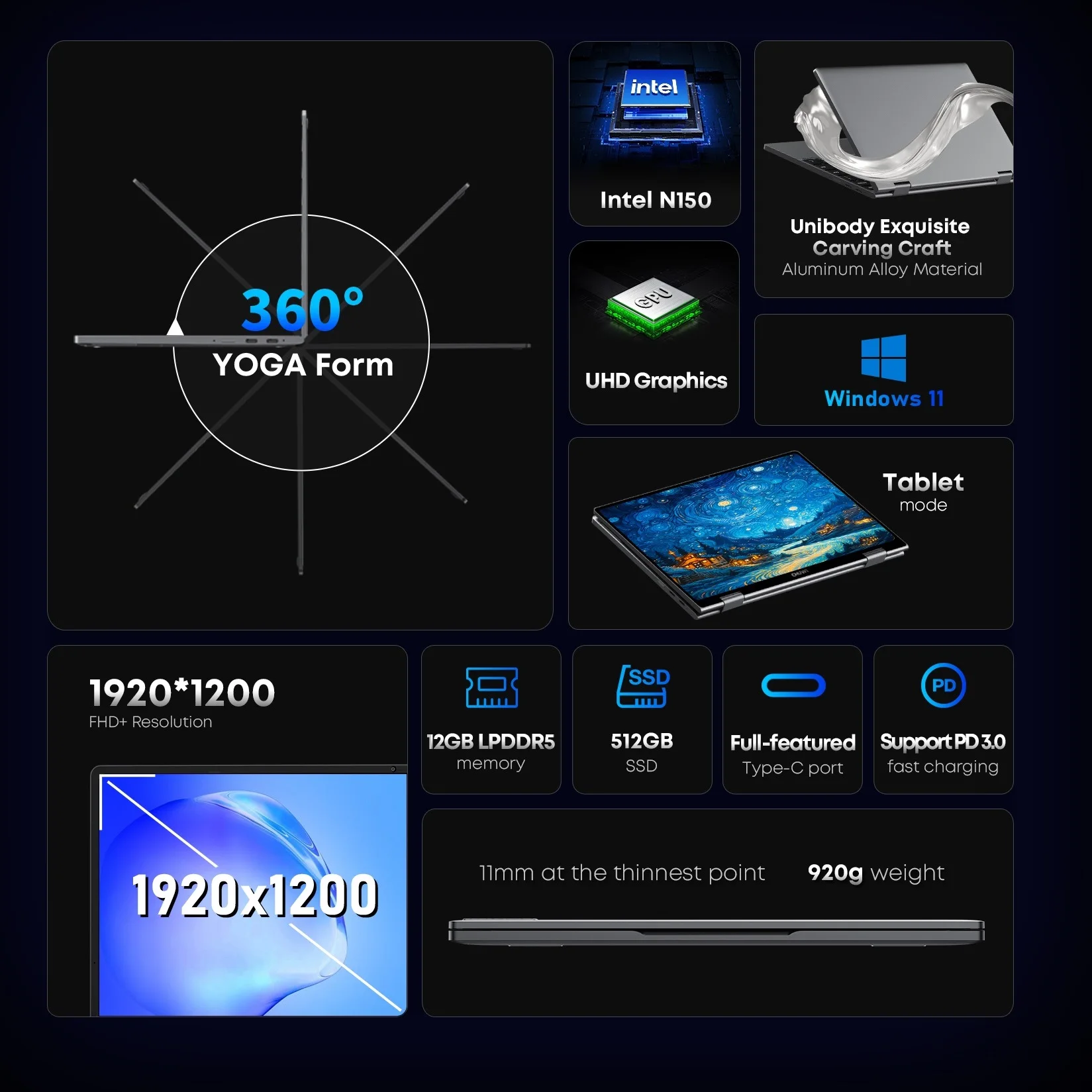 CHUWI MiniBook X N150 Laptop 10.51 Inch 16GB /12GB RAM 512GB SSD 2-in-1 Yoga Mode Intel Windows 11 Notebook 360° Flipable WiFi 6 - Image 2