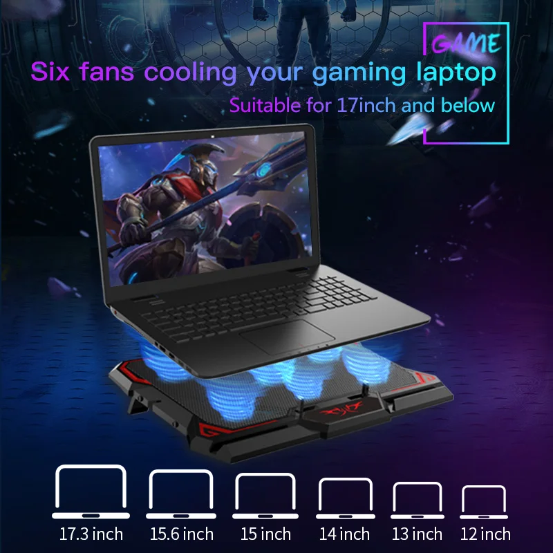 COOLCOLD 17inch Gaming Laptop Cooler Six Fan Led Screen Two USB Port 2600RPM Laptop Cooling Pad Notebook Stand For Laptop - Image 6