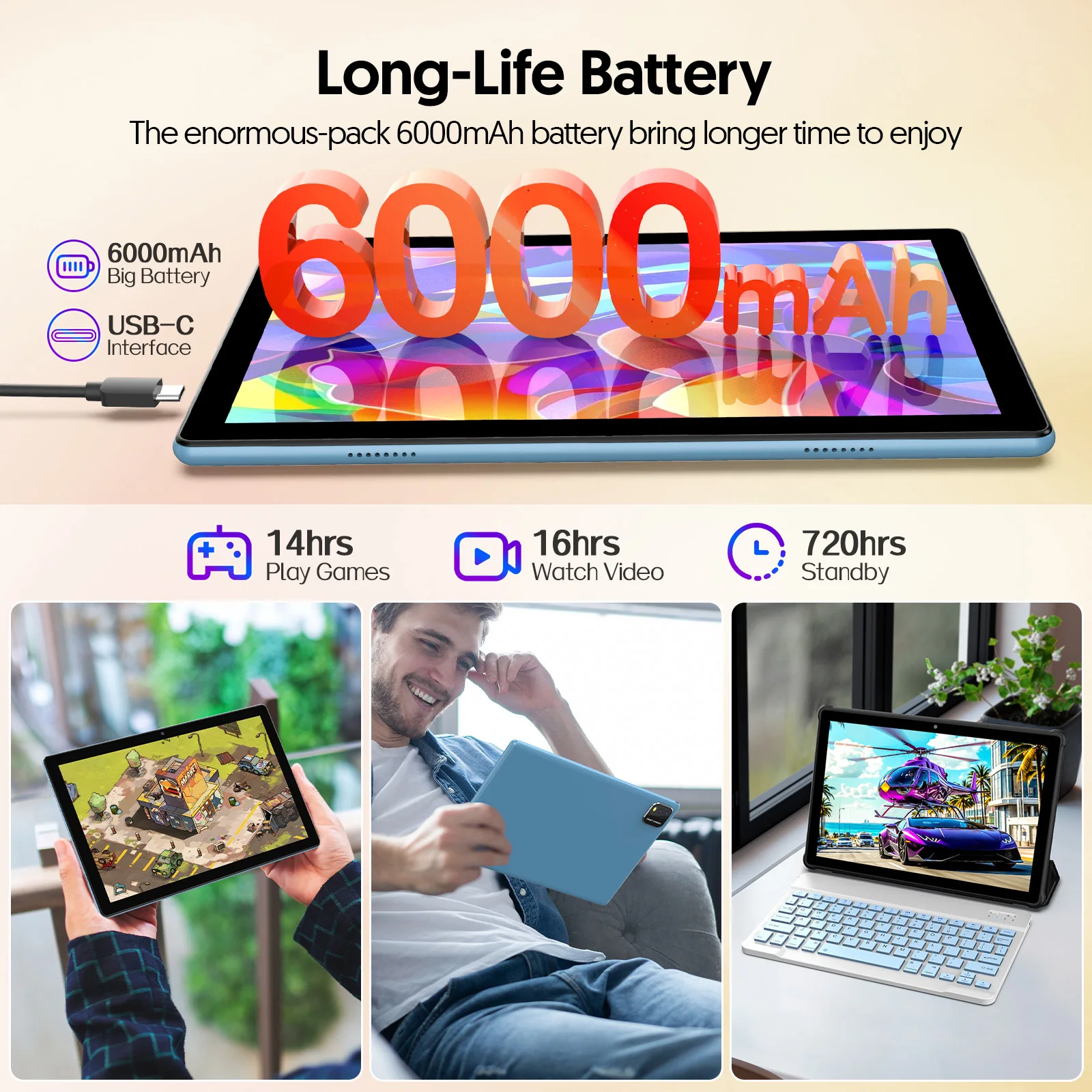 BAKEN Android 14 tablet, 10.1 inches, quad-core processor, 6GB RAM + 64GB ROM, 600GB expansion memory, 6000mAh - Image 3