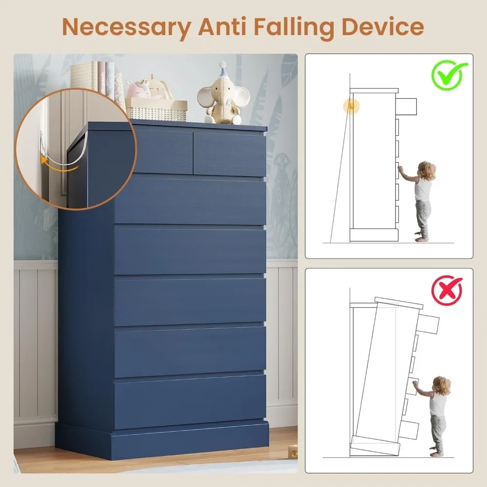 Tall Dresser for Bedroom with 7 Drawers, 51.8" Tall Blue Dressers & Chests of Drawers, Modern Wood Closet Organizer and S - Image 6