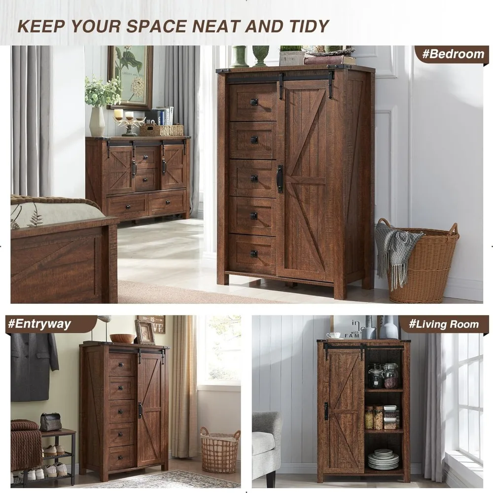 T4TREAM 5 Drawers Dresser for Bedroom w/Sliding Barn Door, Farmhouse Modern Dresser Tall 5 Chest of Drawers, Storage Organizer f - Image 6