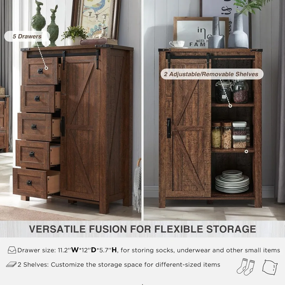 T4TREAM 5 Drawers Dresser for Bedroom w/Sliding Barn Door, Farmhouse Modern Dresser Tall 5 Chest of Drawers, Storage Organizer f - Image 4