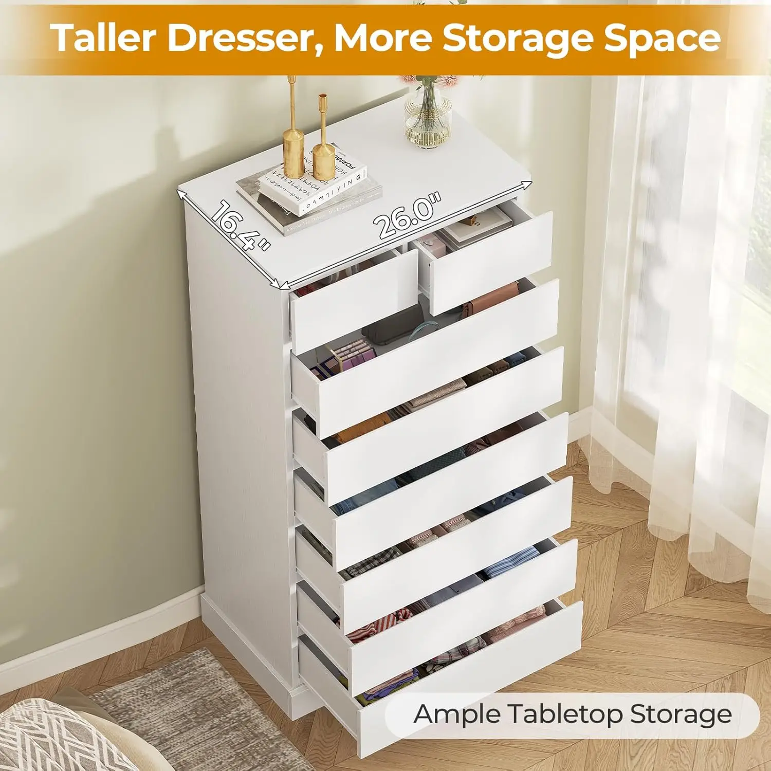 White Tall Dresser for Bedroom,59.6'' High 8 Drawer Dresser, Modern Chest of Drawers Storage Organizer for Closet, Storage Tower - Image 3