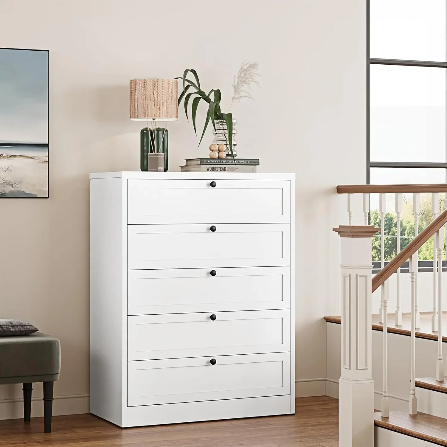 5-Drawer Dresser for Bedroom, Metal Chest of Drawers Tall White Closet Organizers and Storage Clothes, Accent Storage Cabinet - Image 4