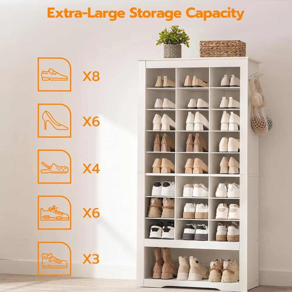 Tall Shoe Cabinet, 9 Tier Shoe Storage Cabinet, Freestanding Wooden Shoe Cabinet Organizer with 24 Cubbies and 3 Hooks - Image 6