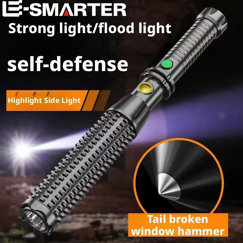 Defense Self-defense Flashlight Rechargeable Tactical Long Handle Torch Outdoor Window Breaker Hammer Emergency Work Flashlight