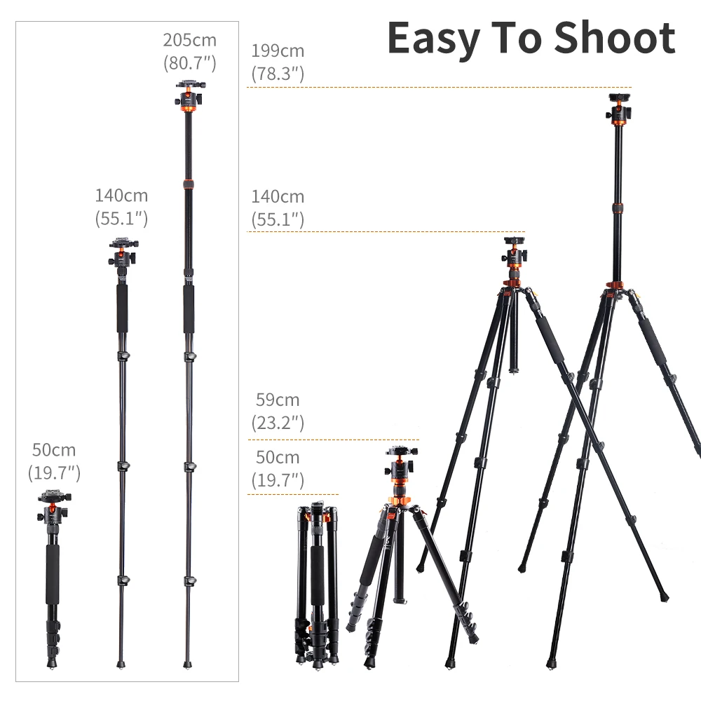 K&F Concept 78"/2m Camera Tripod for Aluminum DSLR Stand 10kgs Load Camera Vlog Tripod Monopod with 360 Degrees Ball Head Travel - Image 3