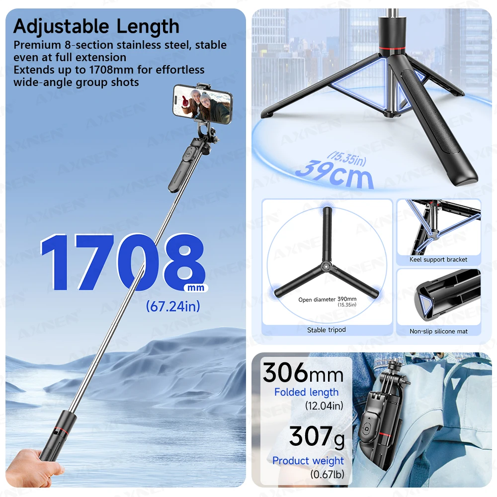 F16 Selfie Stick Tripod with 1708mm Long 8-Section Pole, Bluetooth Remote, 360° Rotation, 1/4 Interface, for Phone Camera Vlog - Image 4