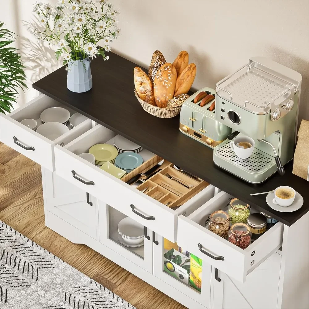 Sideboard Buffet Cabinet with Storage, 55" Kitchen Coffee Bar Cabinet with 3 Drawers & Glass Doors, Farmhouse Sideboard Buffet - Image 5