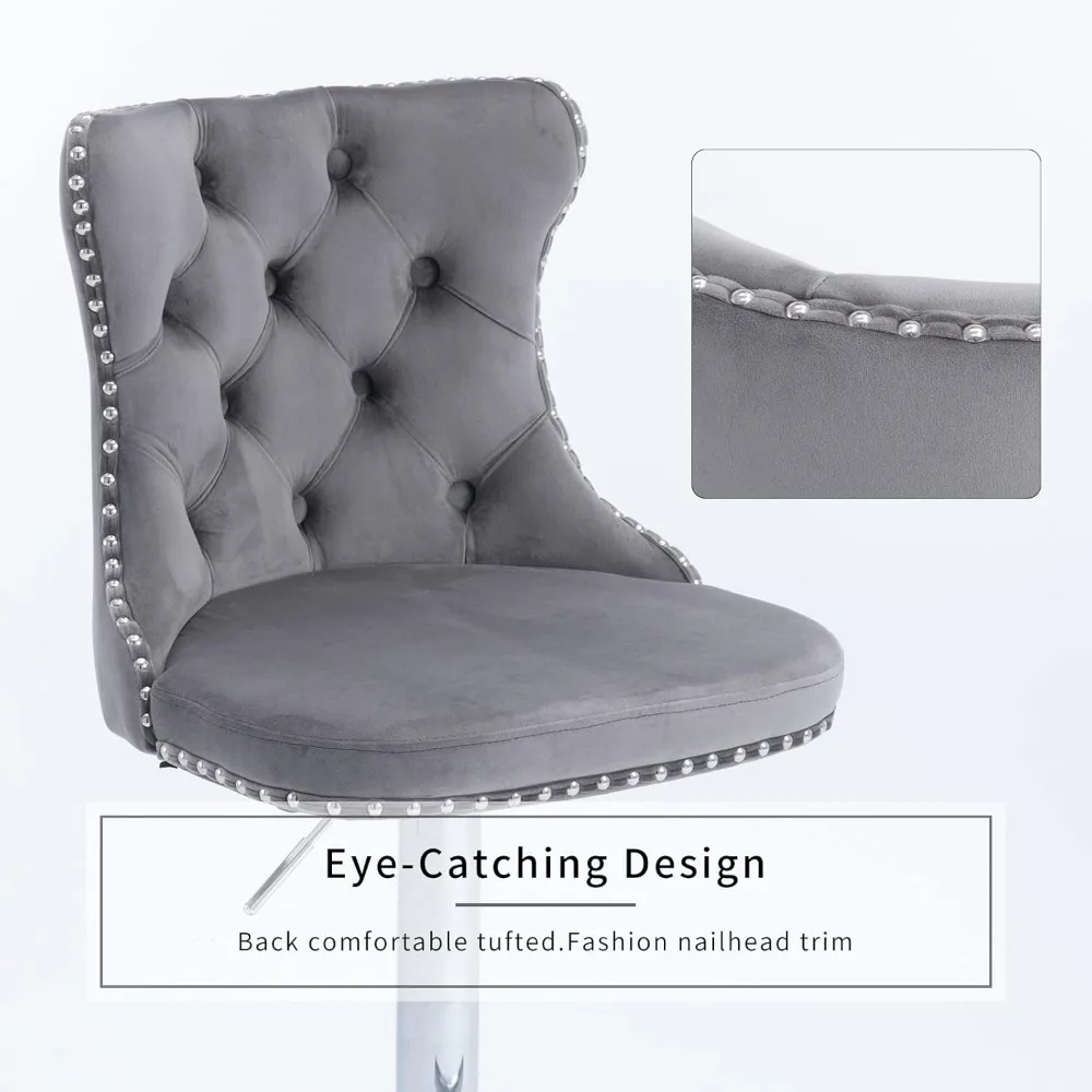 Set of 4 Gray Velvet Adjustable Swivel Bar Stools with Counter Height, Tufted Backrest, and Nailhead Trim for Kitchen Use - Image 5