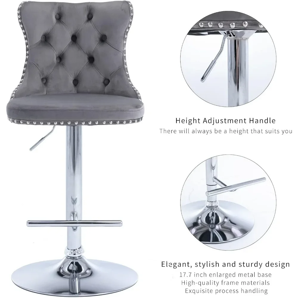 Set of 4 Gray Velvet Adjustable Swivel Bar Stools with Counter Height, Tufted Backrest, and Nailhead Trim for Kitchen Use - Image 6
