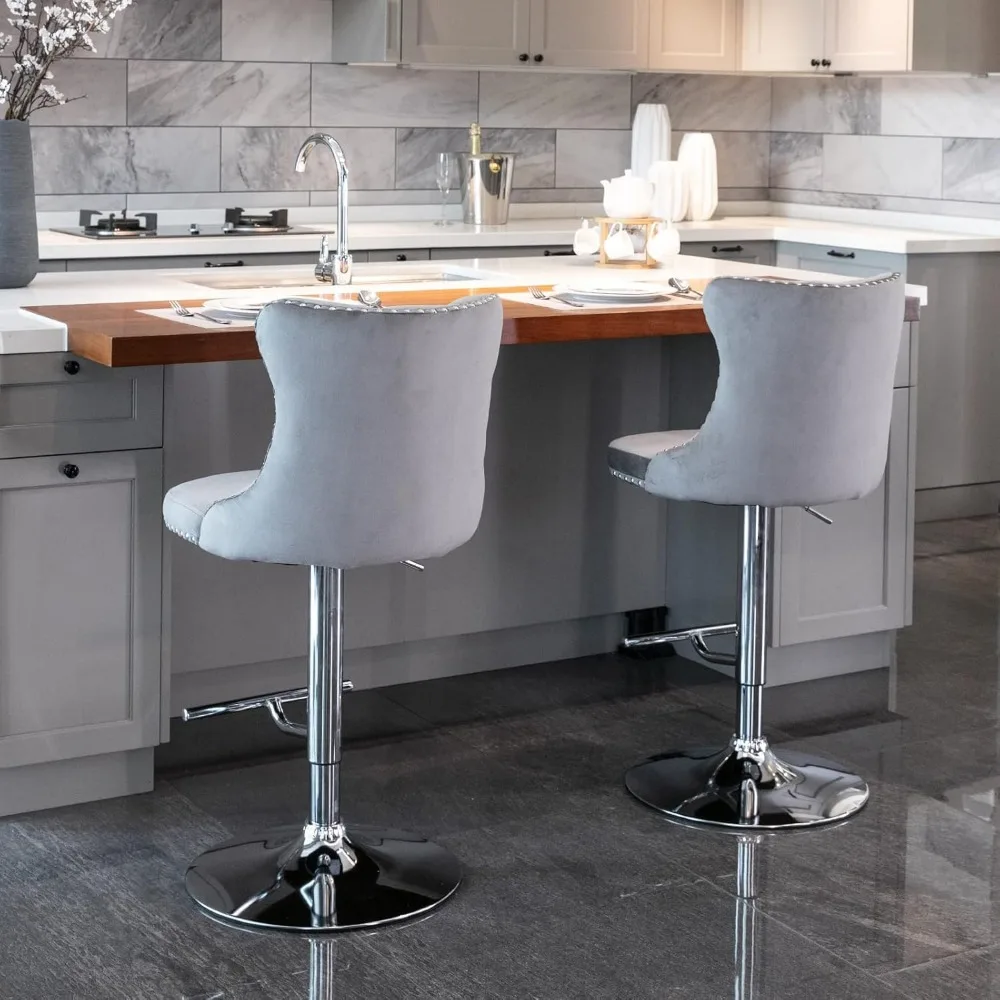 Set of 4 Gray Velvet Adjustable Swivel Bar Stools with Counter Height, Tufted Backrest, and Nailhead Trim for Kitchen Use - Image 4