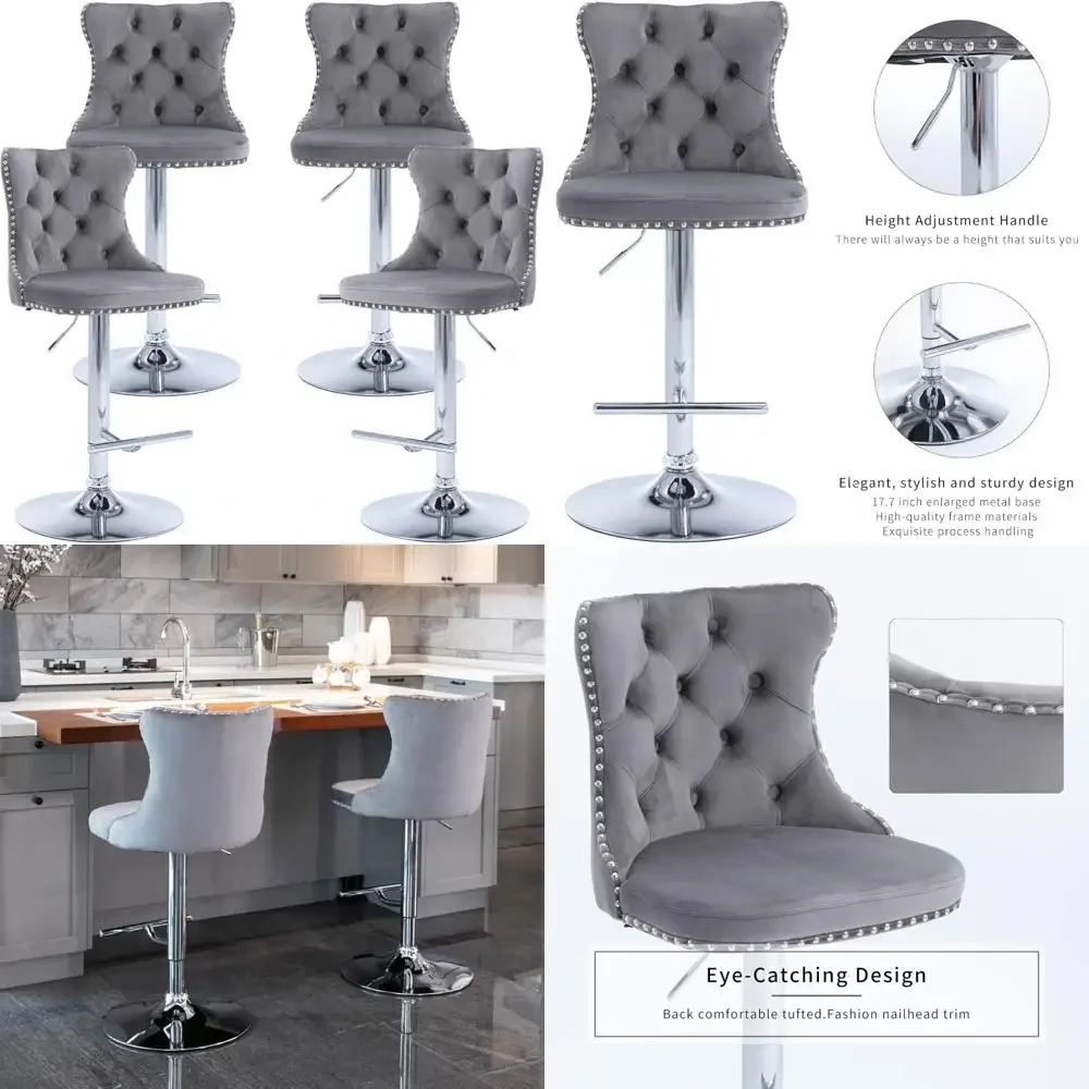 Set of 4 Gray Velvet Adjustable Swivel Bar Stools with Counter Height, Tufted Backrest, and Nailhead Trim for Kitchen Use