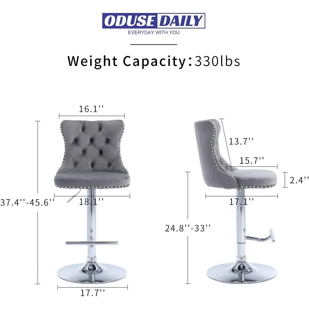 Set of 4 Gray Velvet Adjustable Swivel Bar Stools with Counter Height, Tufted Backrest, and Nailhead Trim for Kitchen Use - Image 3