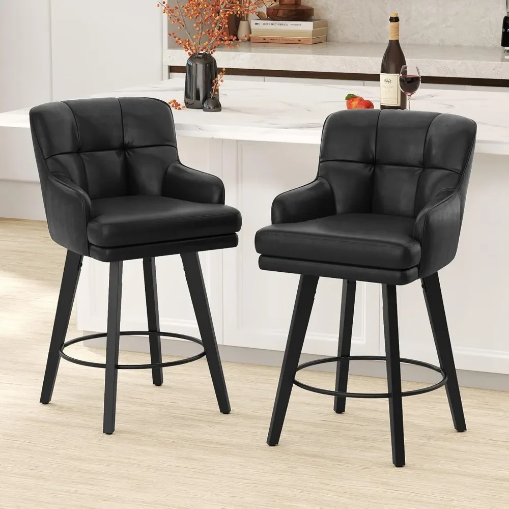 Swivel Counter Height Bar Stools with Back, 26 inch Solid Wood Legs, Bar Stool Modern Kitchen Island Chairs, Faux Leather - Image 4