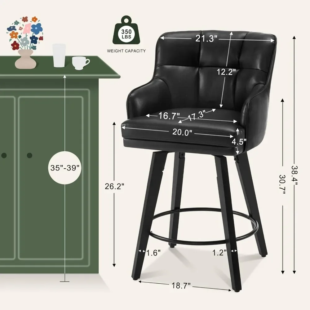 Swivel Counter Height Bar Stools with Back, 26 inch Solid Wood Legs, Bar Stool Modern Kitchen Island Chairs, Faux Leather - Image 3