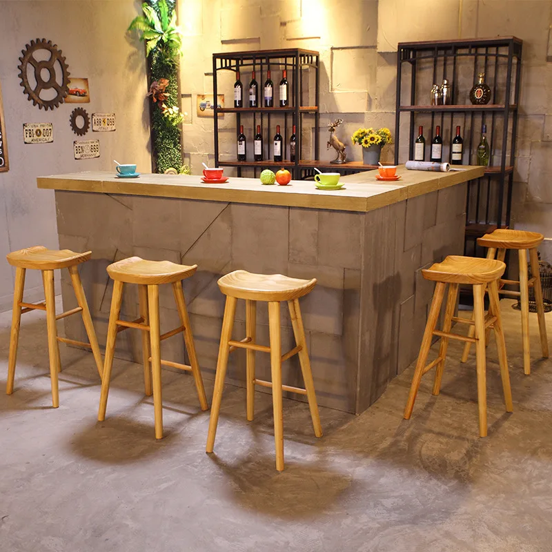 American solid wood stool bar stool milk tea shop coffee shop creative round wooden stool