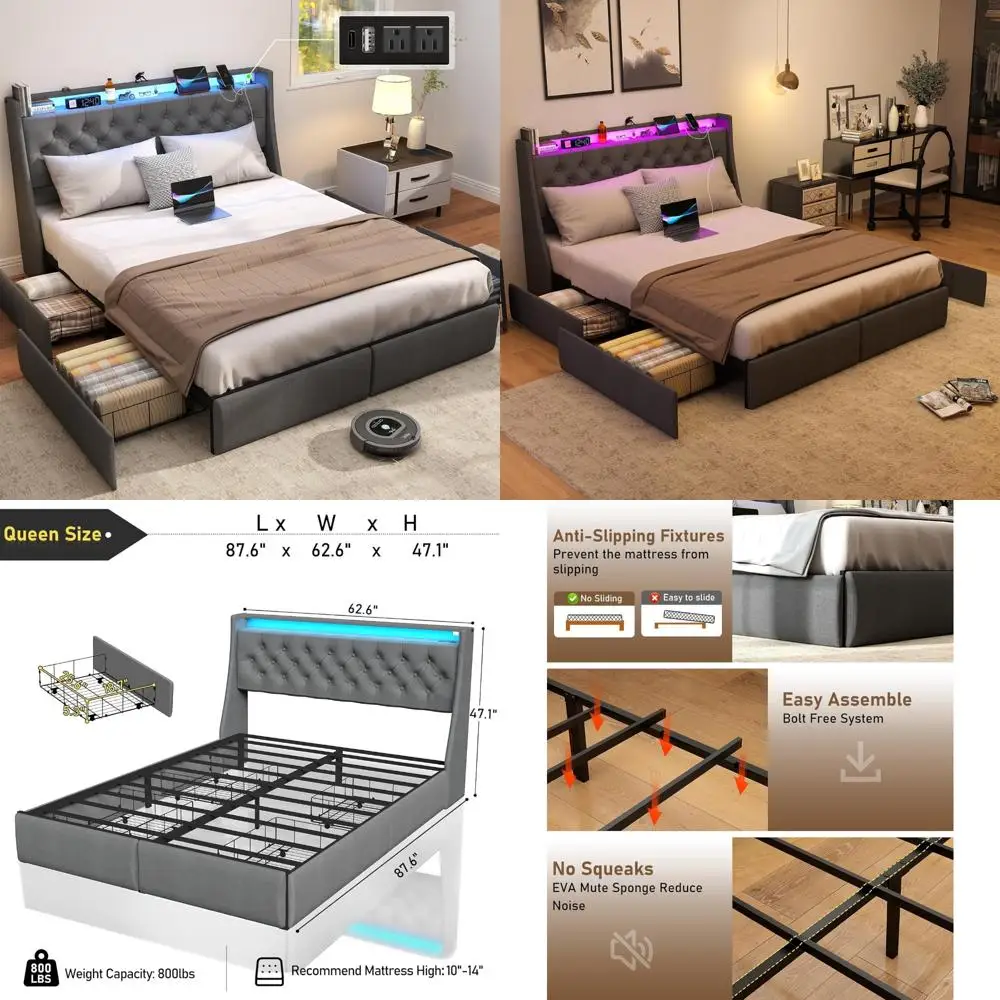 queen size metal bed frame with storage headboard, 4 drawers, led lights, and charging station