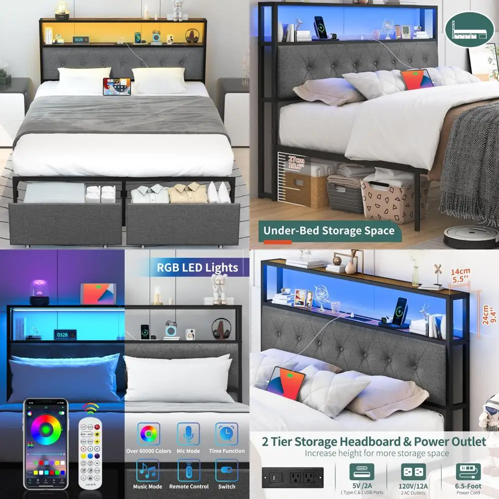 Queen Size Heavy Duty Platform Bed Frame with Headboard and Storage Drawers