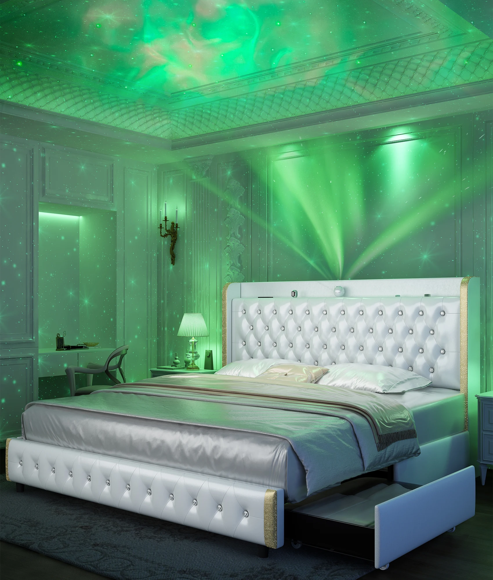 GEGOFORU Queen LED Bed Frame with Galaxy Projector, Bluetooth Speaker, USB Ports, 4 Drawers, No Box Spring Needed, PU Black - Image 2