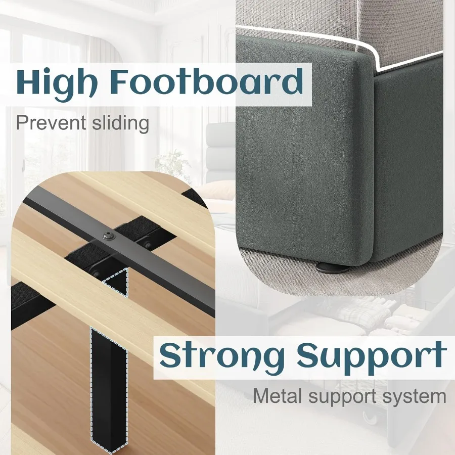 Queen Bed Frame with Storage Drawers Queen Size Platform Bed Frame with Velvet Upholstered Headboard Metal Support No Box Sprin - Image 5