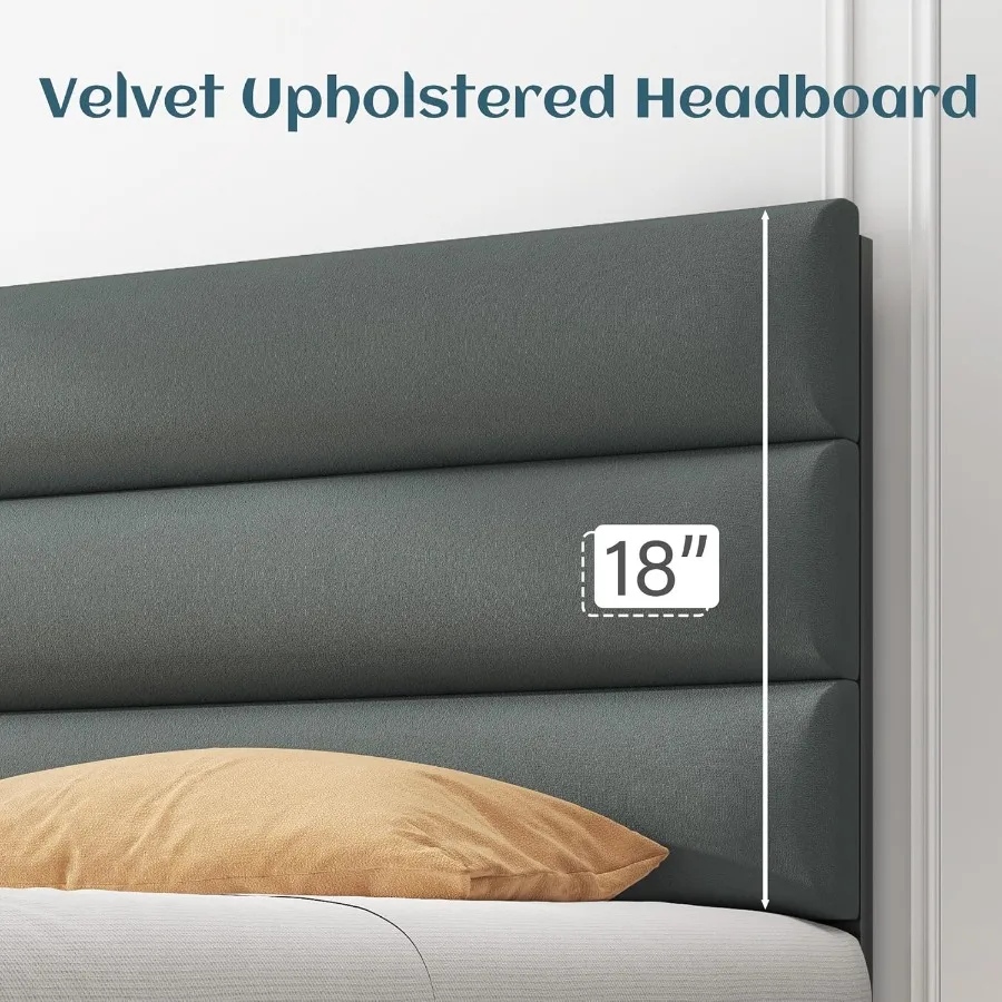 Queen Bed Frame with Storage Drawers Queen Size Platform Bed Frame with Velvet Upholstered Headboard Metal Support No Box Sprin - Image 3