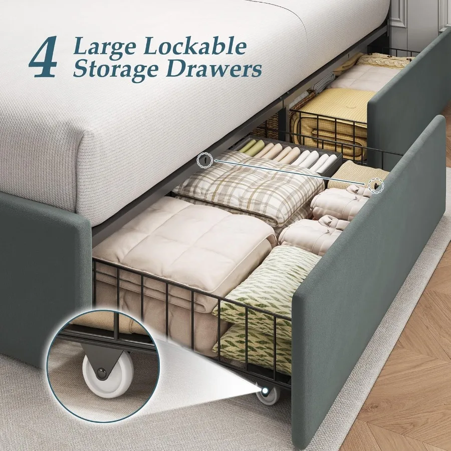 Queen Bed Frame with Storage Drawers Queen Size Platform Bed Frame with Velvet Upholstered Headboard Metal Support No Box Sprin - Image 6