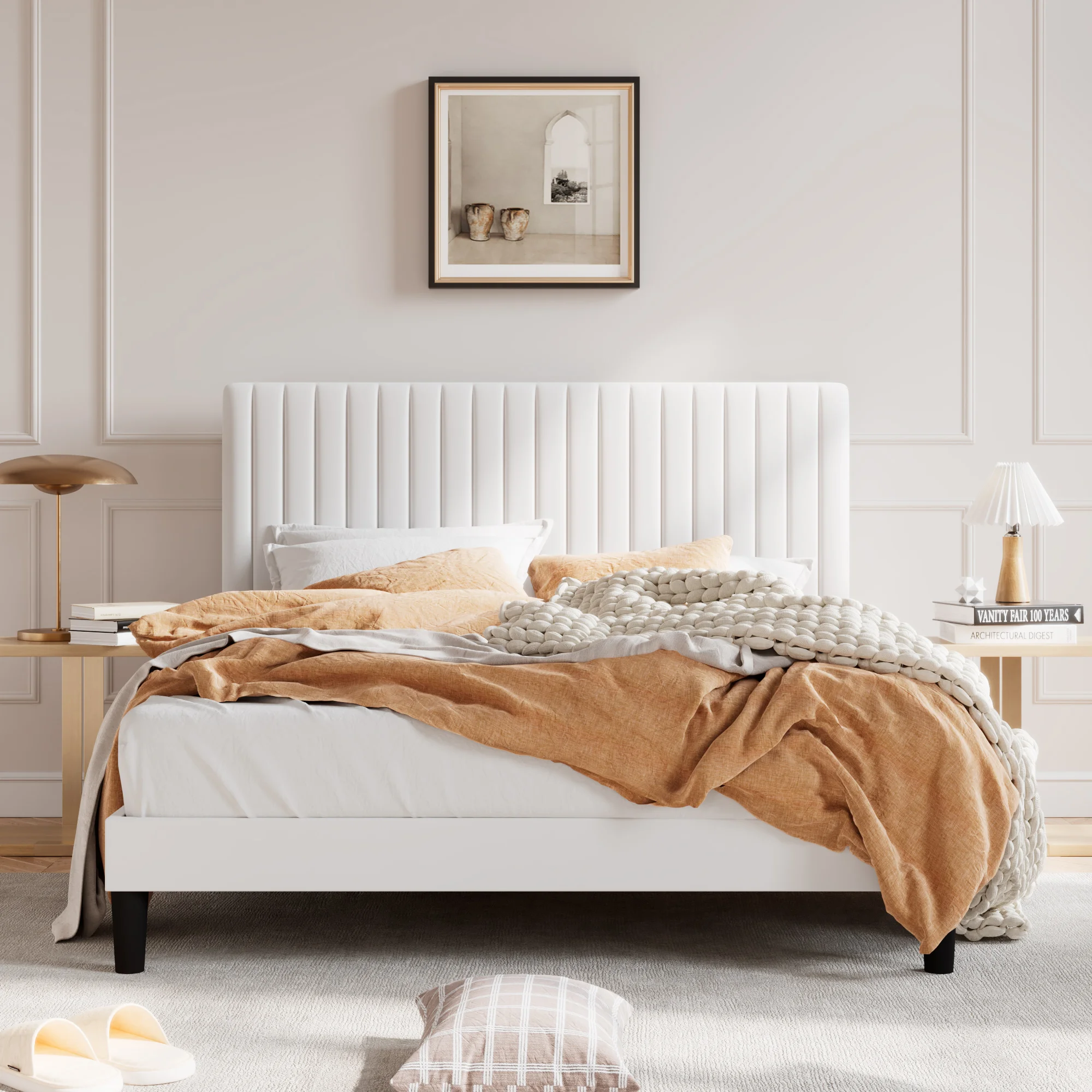 HOOMIC Upholstered Platform Bed Frame with Vertical Channel Tufted Velvet Fabric Adjustable Headboard Allewie - Image 2