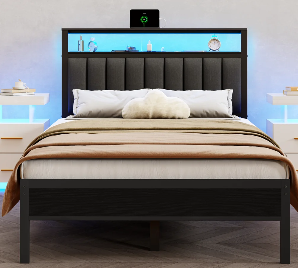 Full/Queen size bed frame with charging station, LED bed frame, headboard with frame, platform bed frame, soft cushion bed frame