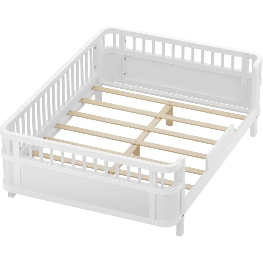 Montessori Floor Bed Frame with Fence and Wood Slats for Kids Bedroom, Platform Bed with Safety Guardrails for Gir - Image 4