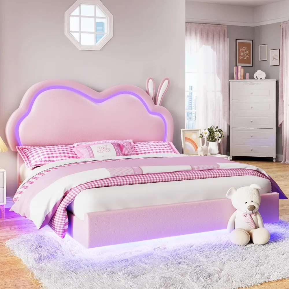 Jocisland Twin LED Bed Frame for Girls Upholstered Floating Bed with Cute Cloud Headboard, No Box Spring Needed, Leather, Pink