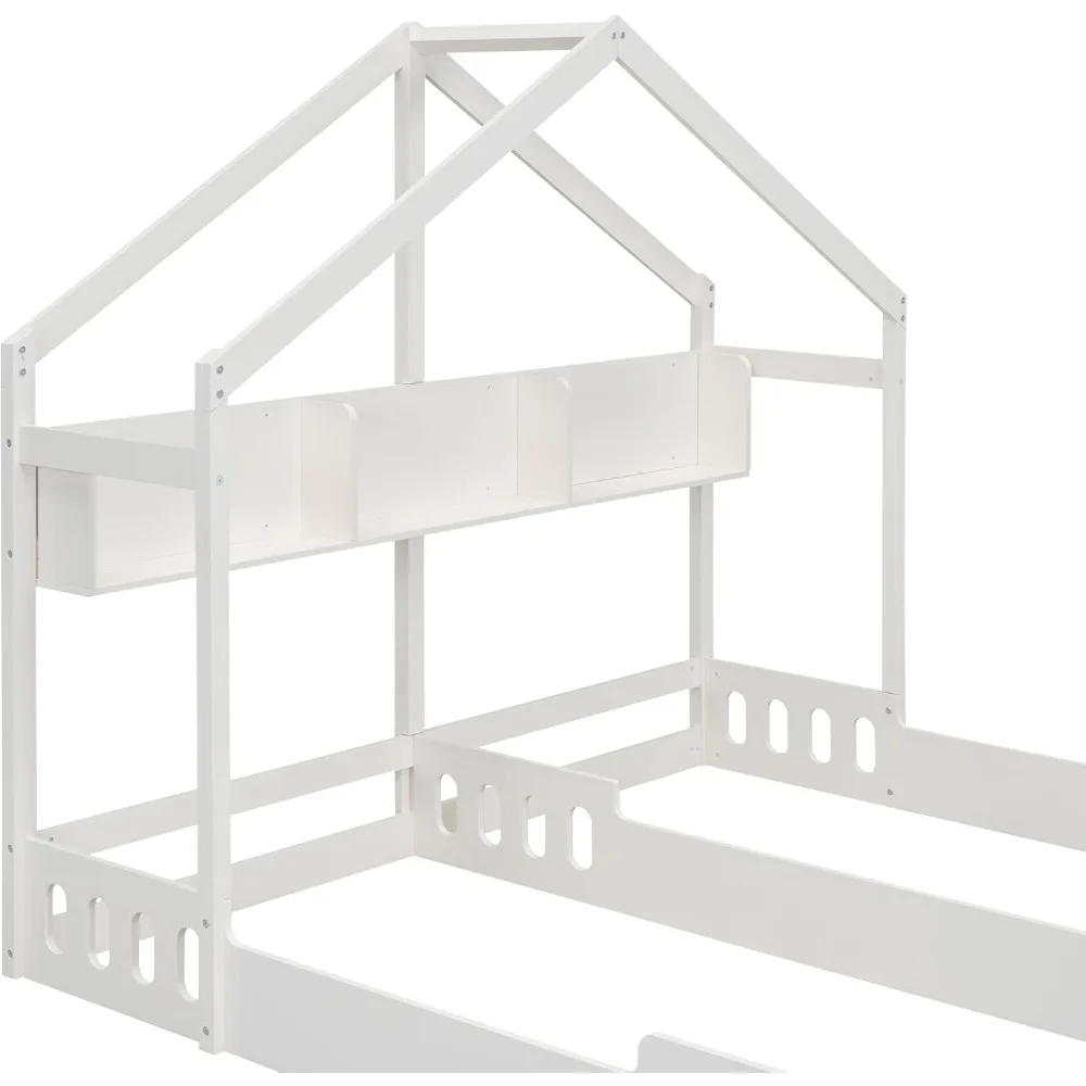 P PURLOVE Twin House Bed for 2 Kids,Double Twin Size Shared Beds with Fence Railings,House Montessori Floor Bed Frame Twin Size - Image 6