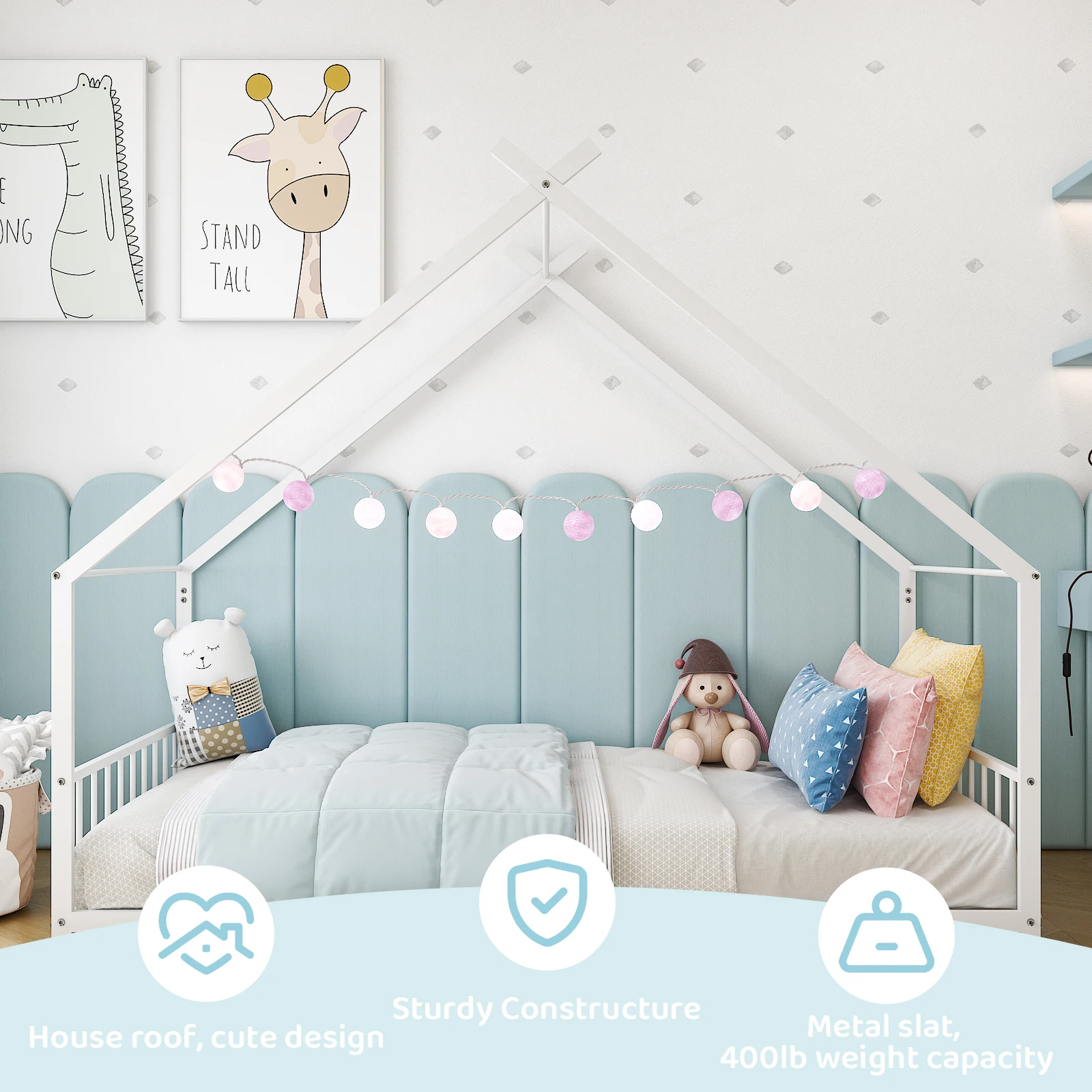 White Flat Bed House Shape with Side Guardrails Twin Children's Iron Bed - Image 6