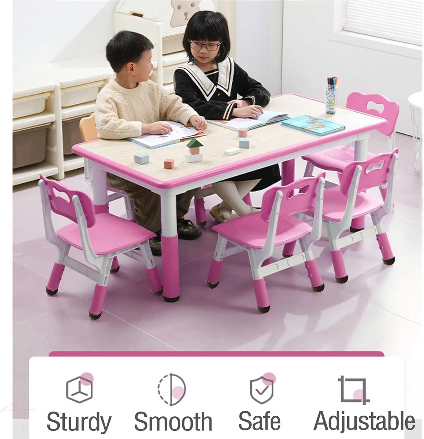 Kindergarten Kids Table and Chairs Set Toddler Height Adjustable Desk with Graffiti Desktop, Arts & Crafts Table with 6 Seats - Image 2