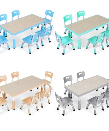 Rectangle Kids Table with 6 Chairs Set, Height Adjustable Toddler Multi Activity Table Set, Arts&Crafts Desk for Girls, 2-10 old