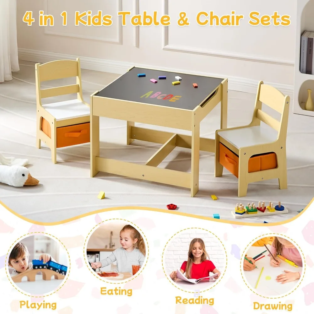 Kids Table and Chair Set, 3 in 1 Wooden Activity Table with Detachable Tabletop, Toddler Table and Chair Set with Storage Drawer - Image 3