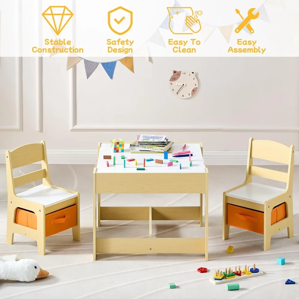 Kids Table and Chair Set, 3 in 1 Wooden Activity Table with Detachable Tabletop, Toddler Table and Chair Set with Storage Drawer - Image 6