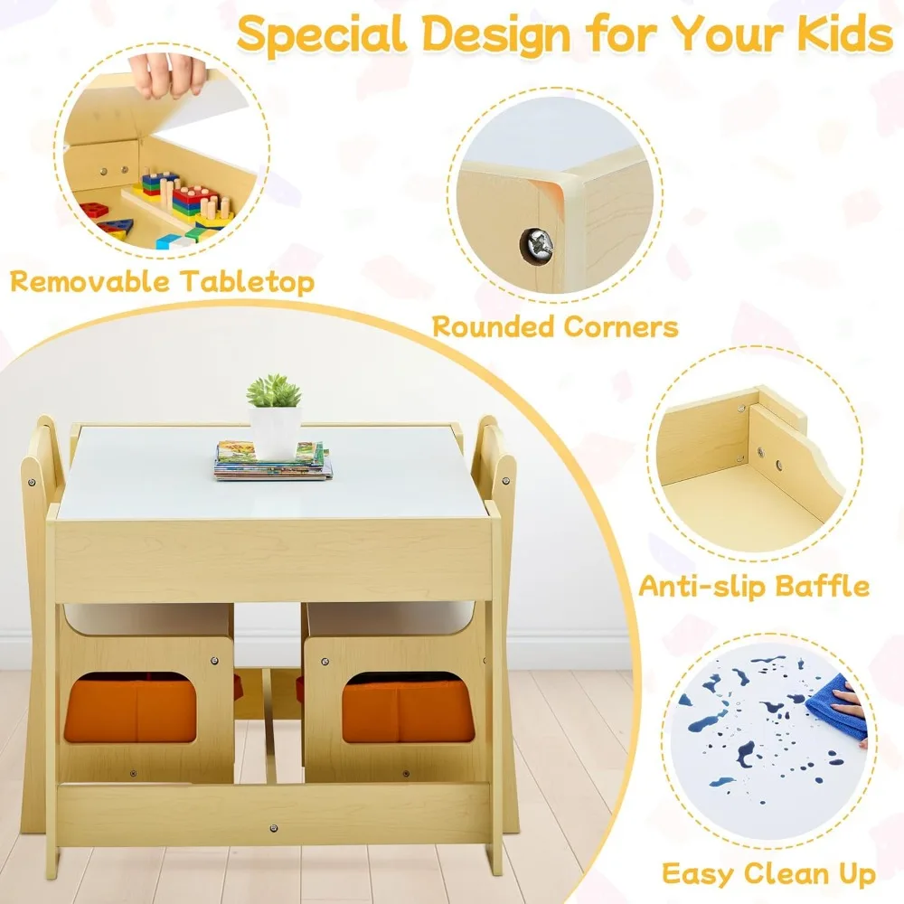 Kids Table and Chair Set, 3 in 1 Wooden Activity Table with Detachable Tabletop, Toddler Table and Chair Set with Storage Drawer - Image 4