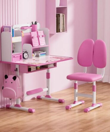 2Pcs/Set Height Adjustable Children School Study Table Chair Set Kids Study Desk Chair Set with Sitting Corrector and Book Stand