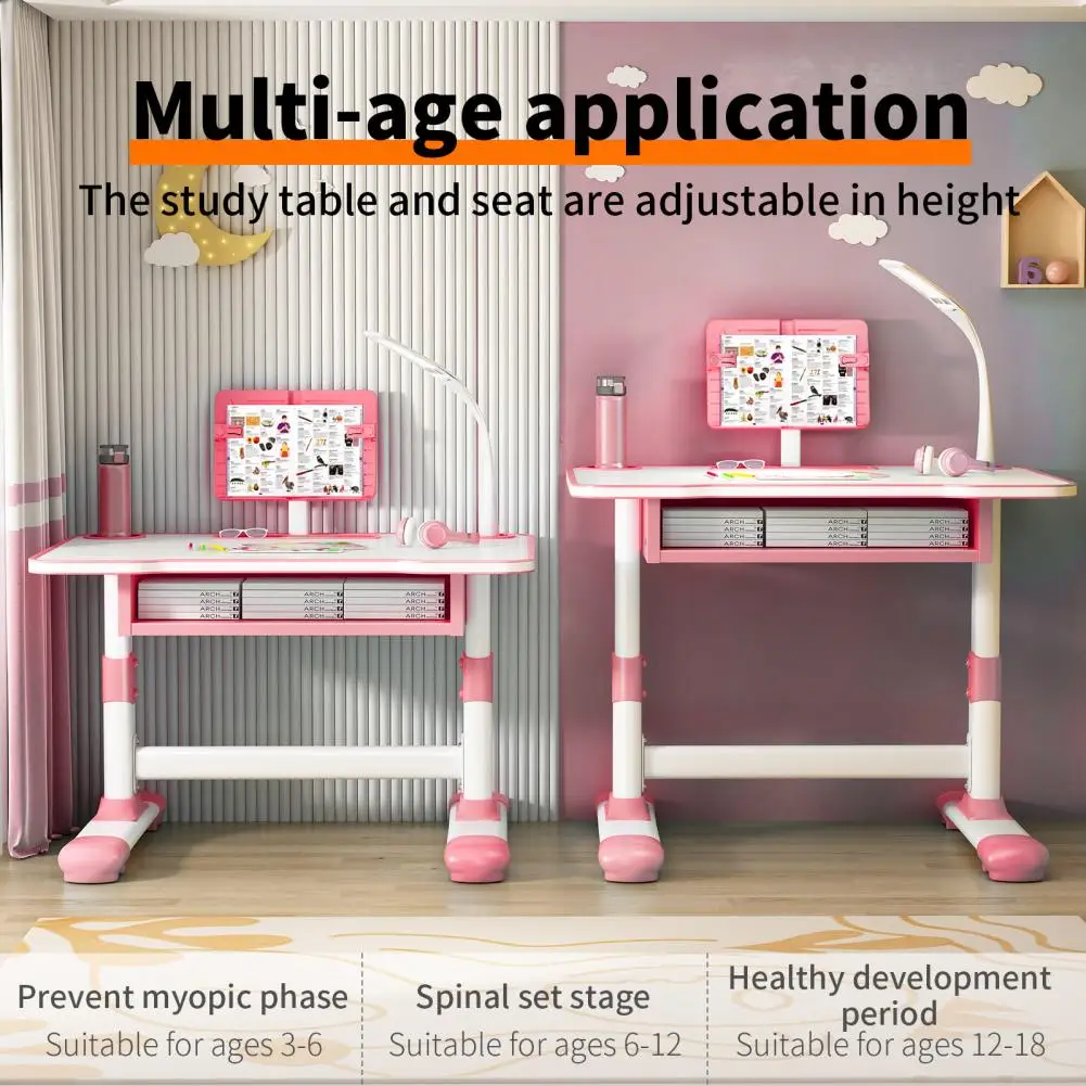 1 Set Ergonomic Kids Study Desk Chair Set, Height Adjustable, Learning Table Chair With LED Light And Drawer, For 3-18 Years - Image 3