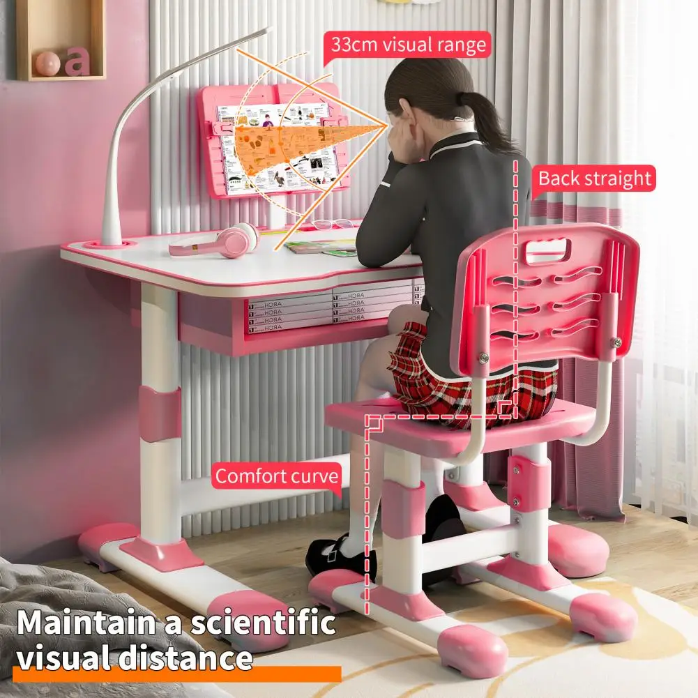 1 Set Ergonomic Kids Study Desk Chair Set, Height Adjustable, Learning Table Chair With LED Light And Drawer, For 3-18 Years - Image 4