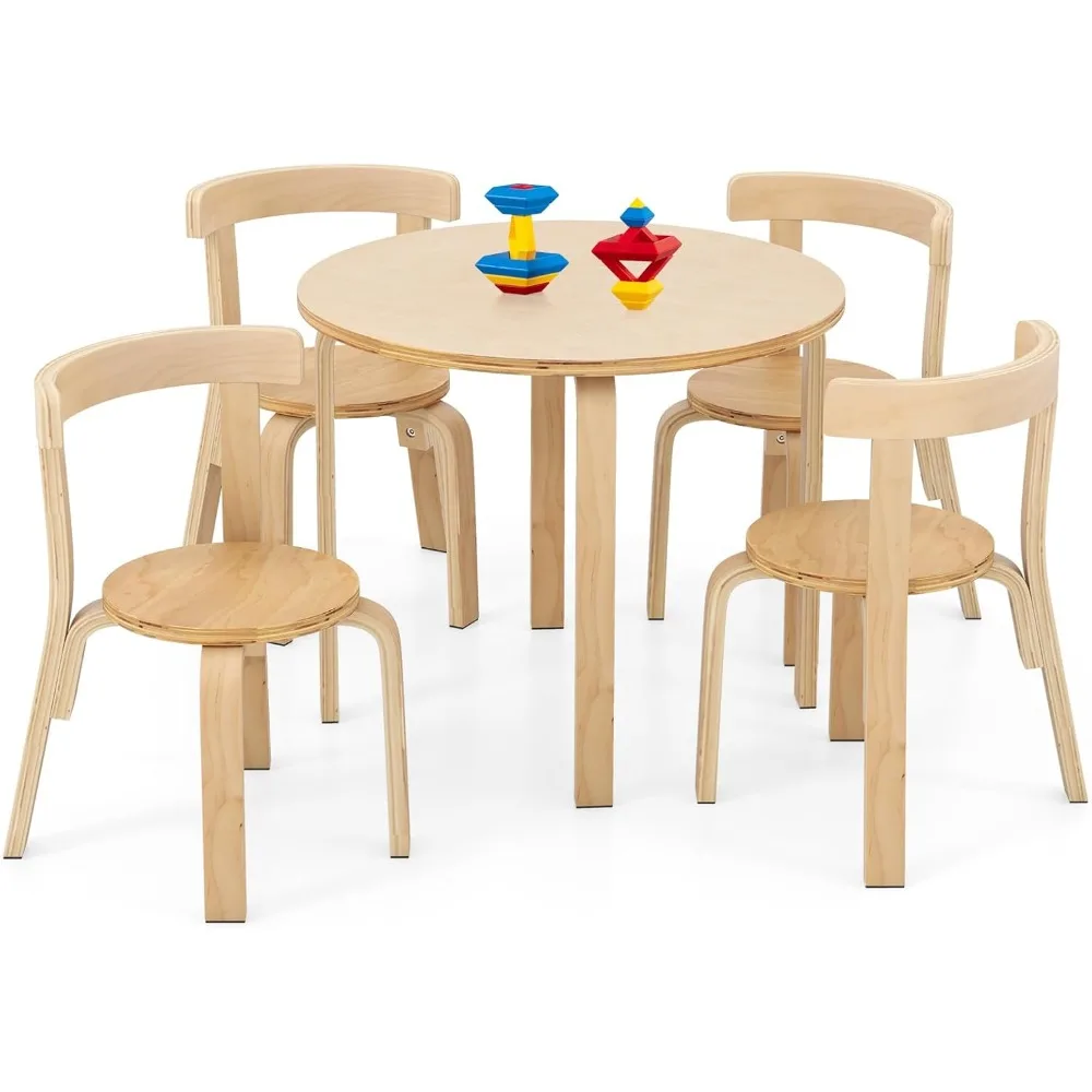 Kids Table and Chair Set, Bentwood Toddler Round Table and 4 Chairs for Craft Art, Building Block, 5-Piece Children Furniture