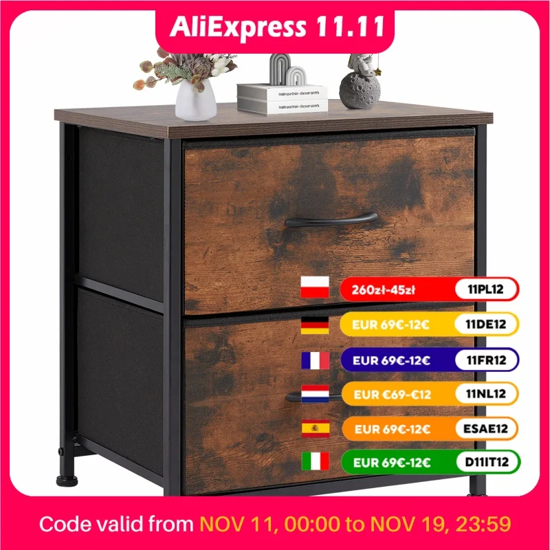 JHK Nightstand Bedside Coffee Sofa Tea Table Storage Closet Chest Clothes Display For Bedroom 2 Fabric Drawers Cabinet Furniture