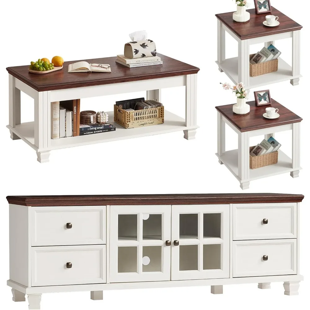 "Farmhouse Table Set 4-PC - Rustic TV Console & Coffee/End Tables, Living Room Furniture Set"